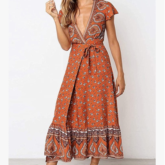 Bohemian Floral Printed Wrap V Neck Short Sleeve Split Beach Party Maxi Dress - Picture 3 of 3
